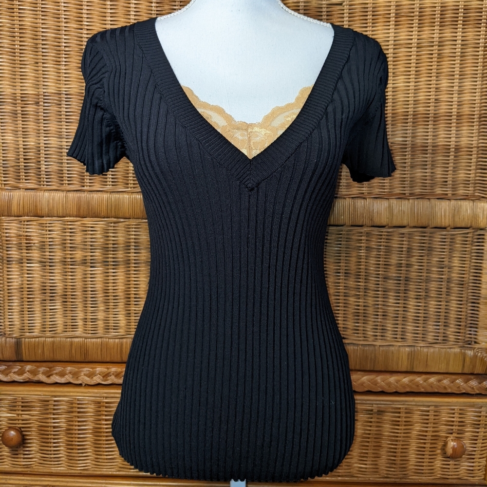 August Silk ribbed lace inset top MEDIUM